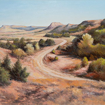 landscape of a dirt road running though dry hills and patches of pine trees